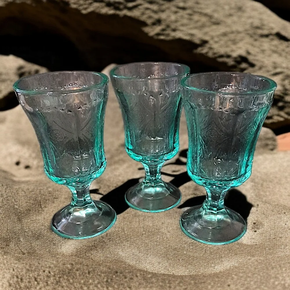 3 Indiana Glass‎ Recollection Goblet Glass Teal Aqua Vintage Beach Cottage House